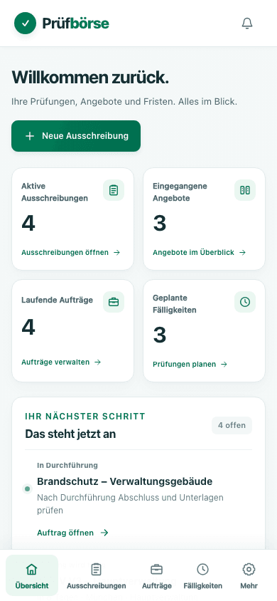 Dieselbe Prüfbörse-Übersicht auf dem Smartphone mit mobiler Navigation. Lokale Beispieldaten.