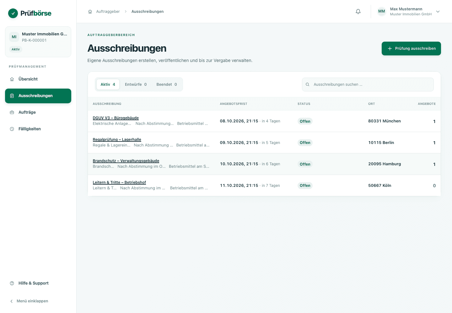Echte Ausschreibungsübersicht eines Auftraggebers mit lokalen Beispieldaten.